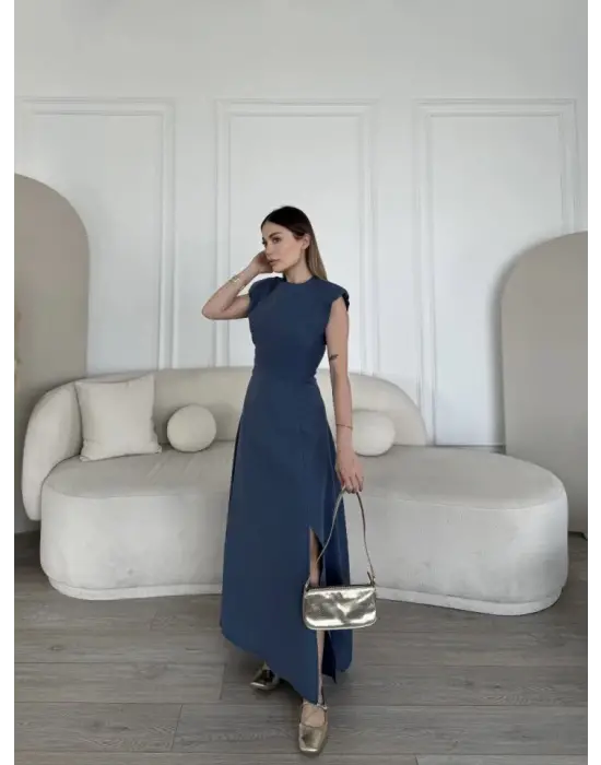 Omarı Mavi Keten Yandan Yırtmaçlı Uzun Elbise