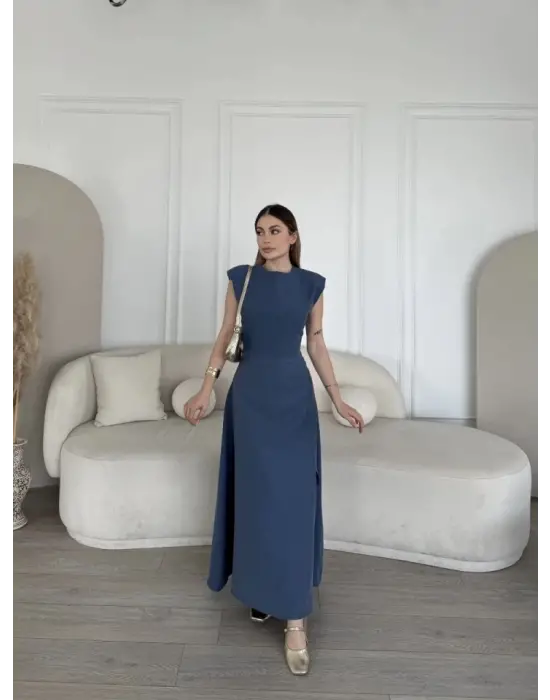 Omarı Mavi Keten Yandan Yırtmaçlı Uzun Elbise