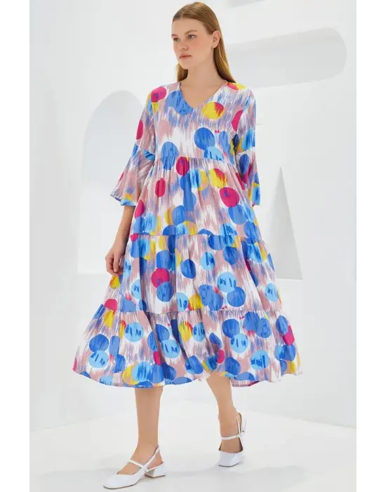 Mavi Kırmızı Desenli Kısa Kol Viskon Elbise 1959