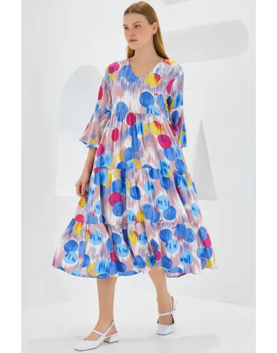 Mavi Kırmızı Desenli Kısa Kol Viskon Elbise 1959