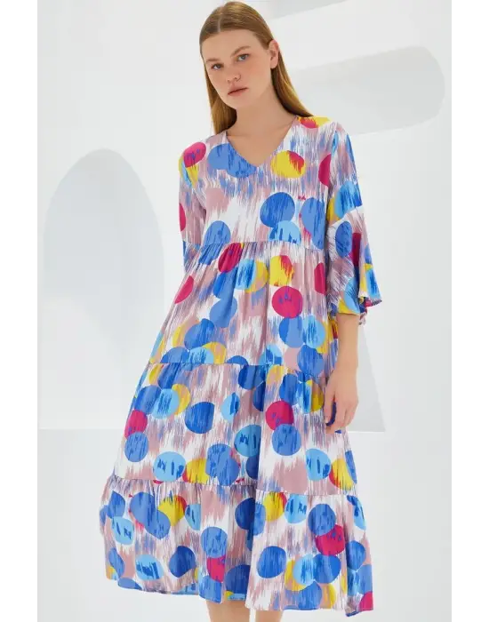 Mavi Kırmızı Desenli Kısa Kol Viskon Elbise 1959