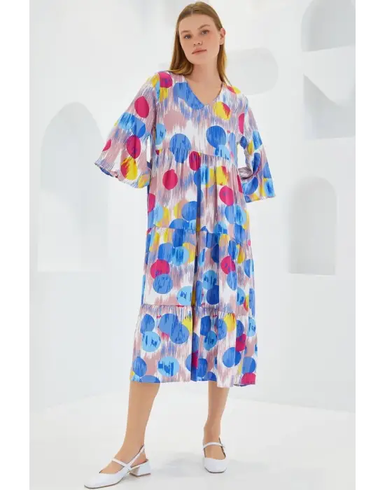Mavi Kırmızı Desenli Kısa Kol Viskon Elbise 1959