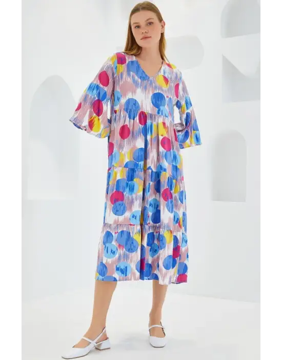 Mavi Kırmızı Desenli Kısa Kol Viskon Elbise 1959