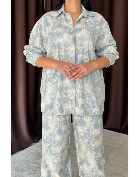 Mavi Leopar Desenli Ceket Ve Pantolon Keten Takım