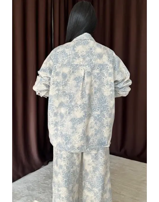 Mavi Leopar Desenli Ceket Ve Pantolon Keten Takım