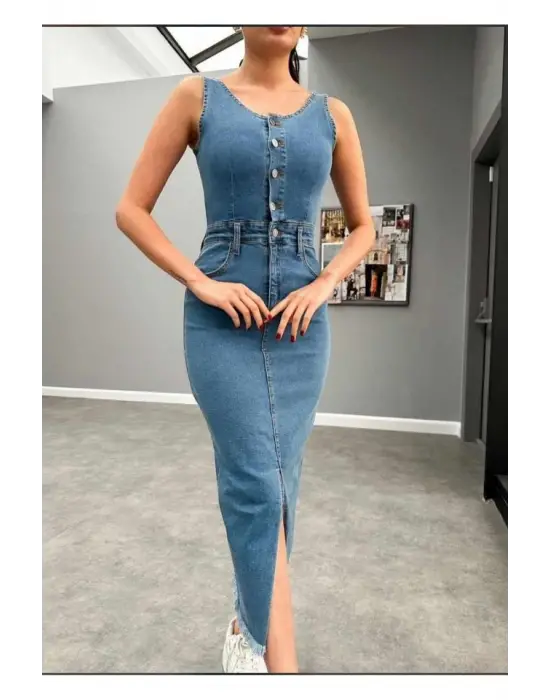 Mavi Likralı Kot Jile Elbise