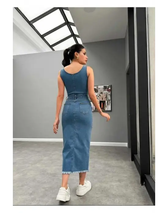 Mavi Likralı Kot Jile Elbise