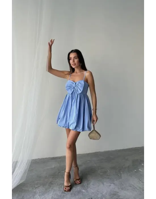 Mavi Önü Fiyonklu Askılı Elbise