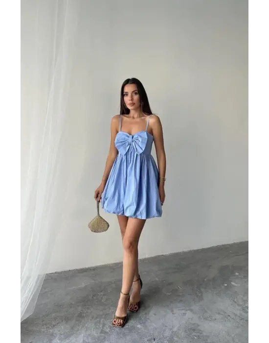 Mavi Önü Fiyonklu Askılı Elbise