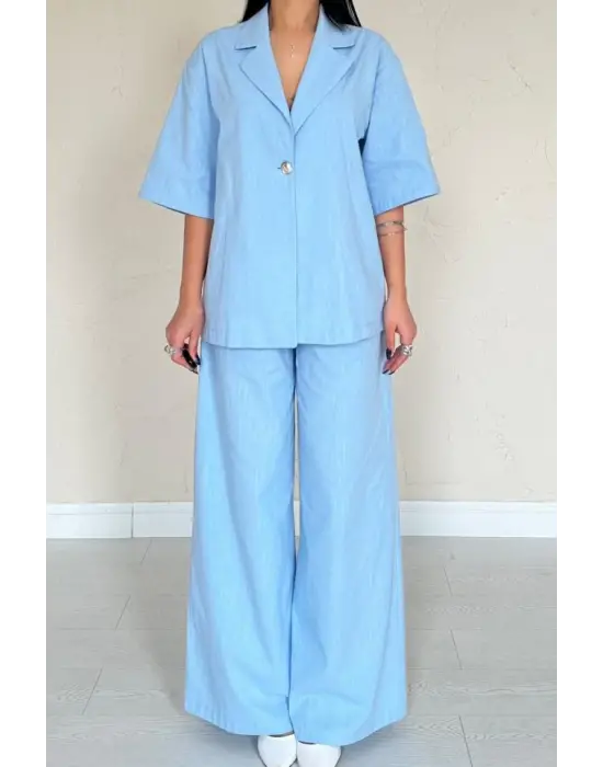 Omarı Mavi Tek Düğmeli Takım