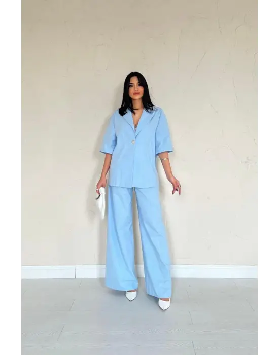 Omarı Mavi Tek Düğmeli Takım