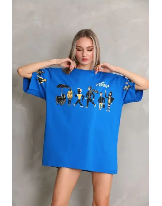 Omarı Mavi Oversize Baskılı Unisex Bisiklet Yaka T-Shirt