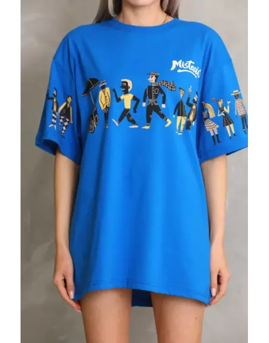 Omarı Mavi Oversize Baskılı Unisex Bisiklet Yaka T-Shirt