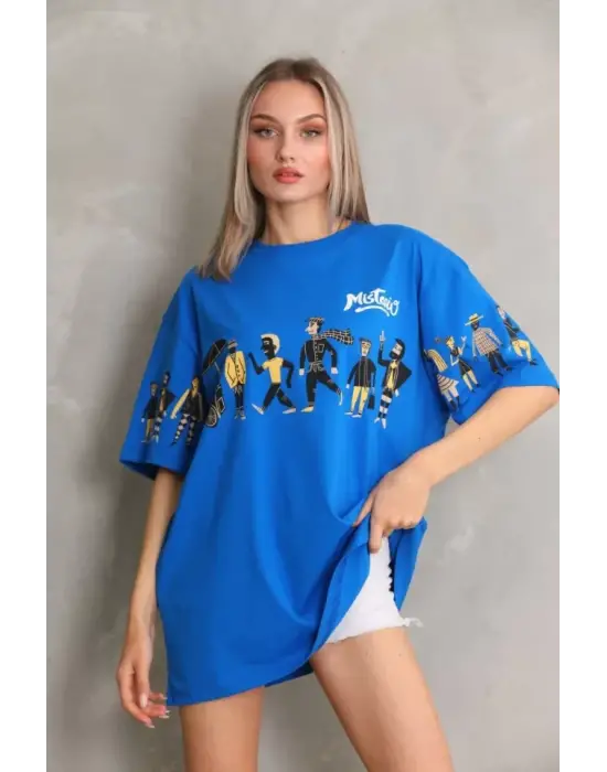 Omarı Mavi Oversize Baskılı Unisex Bisiklet Yaka T-Shirt