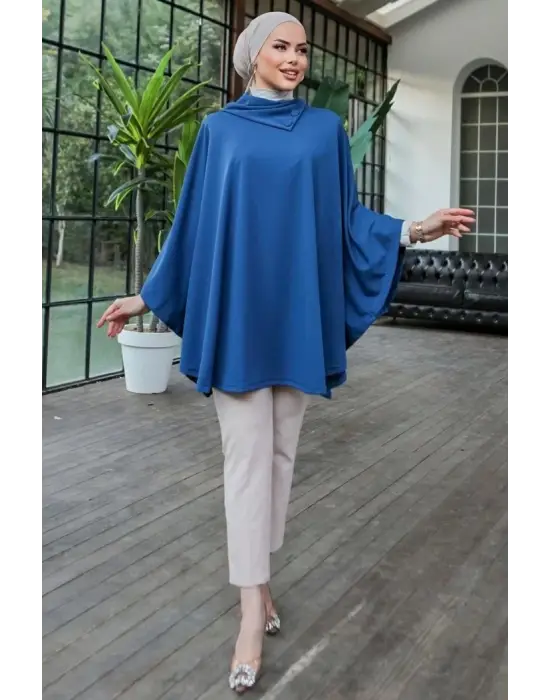 Omarı Şık Mavi Şal Yaka Panço