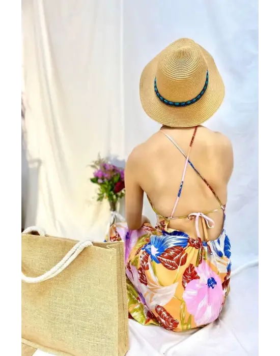 Omarı Mavi Sırt Dekolteli Keten Elbise - Yazın Trendi