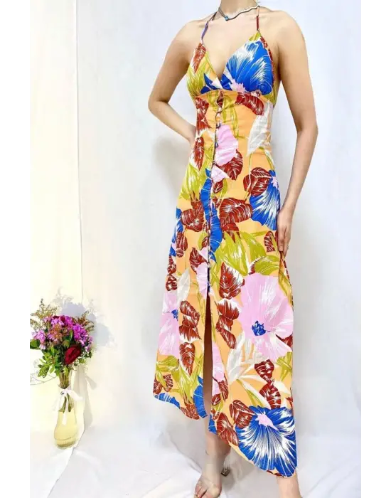 Mavi Sırt Dekolteli Keten Elbise