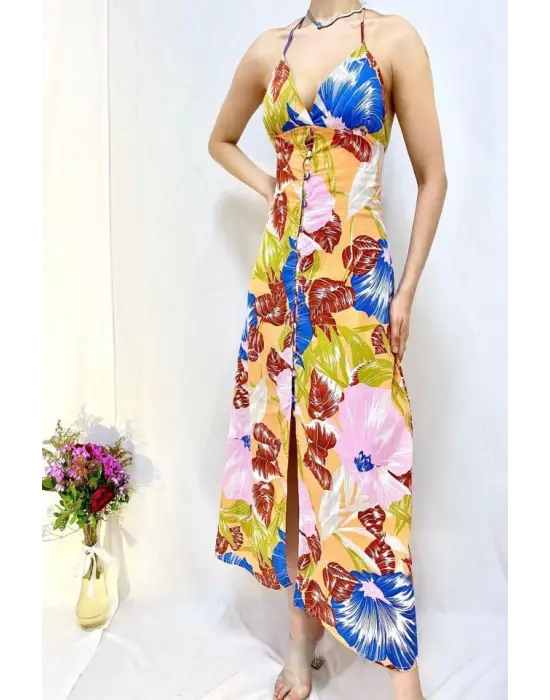 Omarı Mavi Sırt Dekolteli Keten Elbise - Yazın Trendi