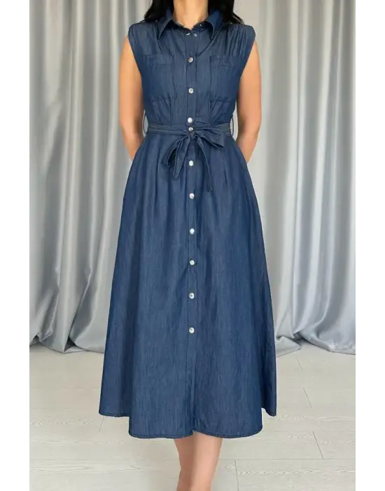 Omarı Mavi Çıtçıtlı Elbise