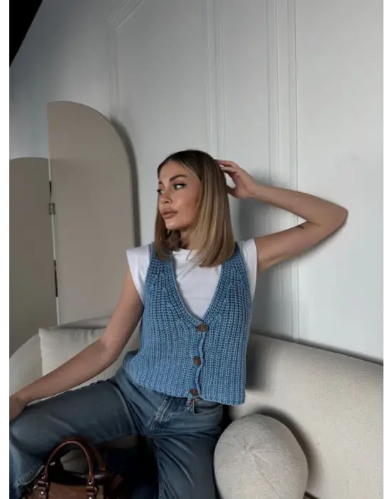 Omarı Kolsuz Düğmeli Yelek - Modern Mavi Stil