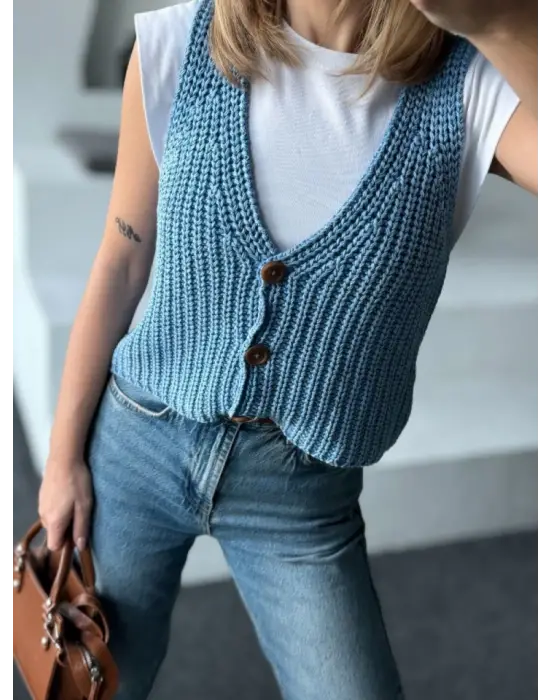 Omarı Kolsuz Düğmeli Yelek - Modern Mavi Stil