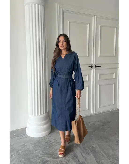 Omarı Şık Uzun Kollu Mavi Elbise