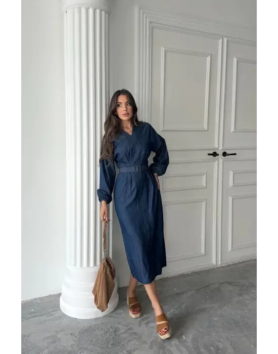 Omarı Şık Uzun Kollu Mavi Elbise