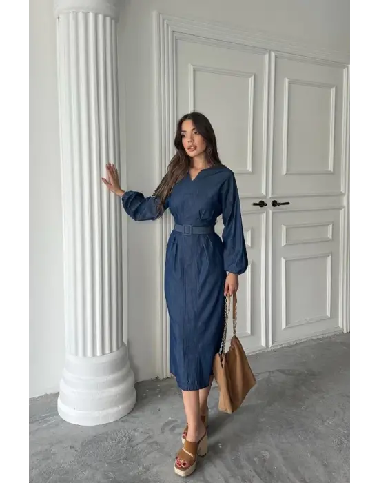 Omarı Şık Uzun Kollu Mavi Elbise