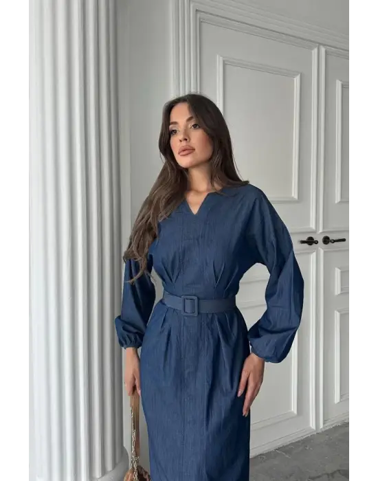 Omarı Şık Uzun Kollu Mavi Elbise