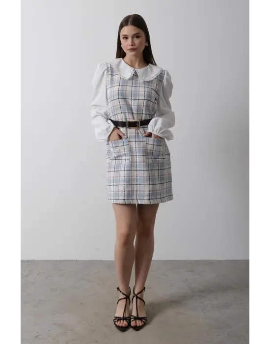 Omarı Detaylı Ekoseli Elbise - Mavi