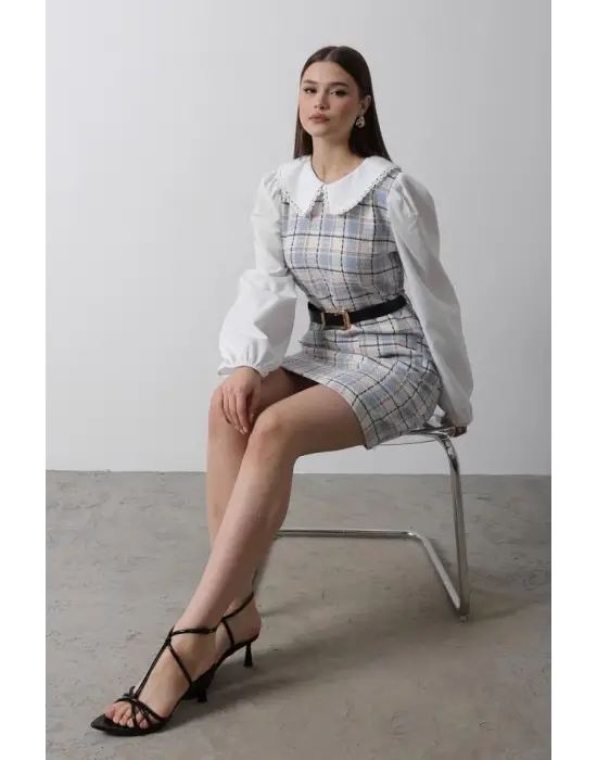 Omarı Detaylı Ekoseli Elbise - Mavi