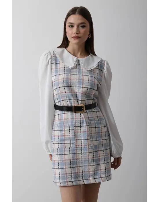 Omarı Detaylı Ekoseli Elbise - Mavi