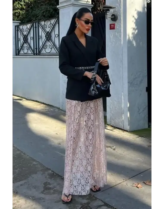 Omarı Zarif Dantel Detaylı Maxi Etek