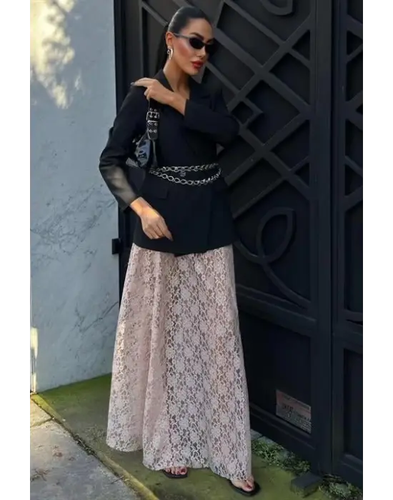 Omarı Zarif Dantel Detaylı Maxi Etek