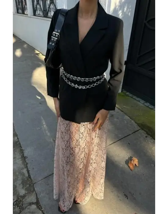 Omarı Zarif Dantel Detaylı Maxi Etek