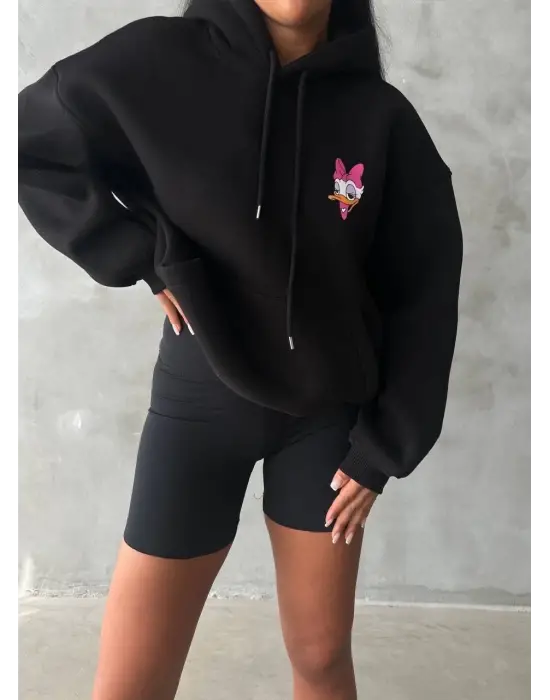 Omarı Oversize Ördek Baskılı Sweat Siyah