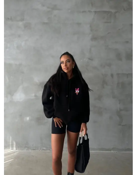 Omarı Oversize Ördek Baskılı Sweat Siyah