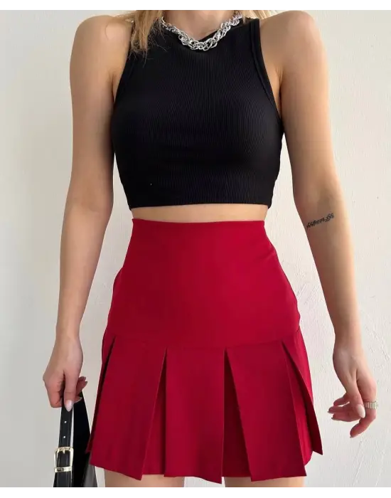 Omarı Bordo Geniş Pileli Etek