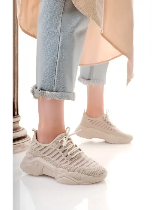 Omarı Bej Triko Bağcıklı Spor Ayakkabı