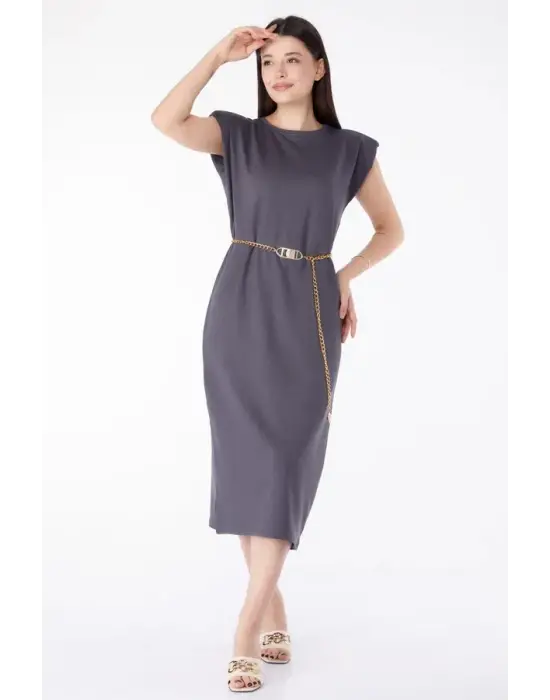 Omarı Antrasit Rengi Şık Elbise Modeli