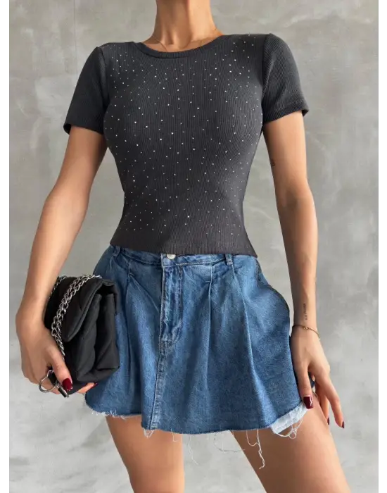 Omarı Taşlı Antrasit Bluz