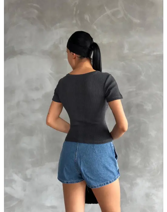 Omarı Taşlı Antrasit Bluz