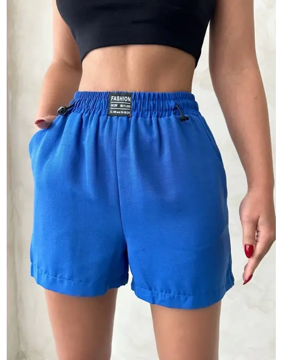 Omarı Keten Şort Saks Mavisi ve Armalı Tasarım