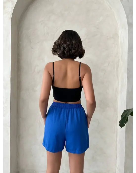 Omarı Keten Şort Saks Mavisi ve Armalı Tasarım