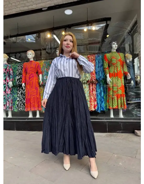 Omarı Deri Detaylı Siyah Kalem Etek