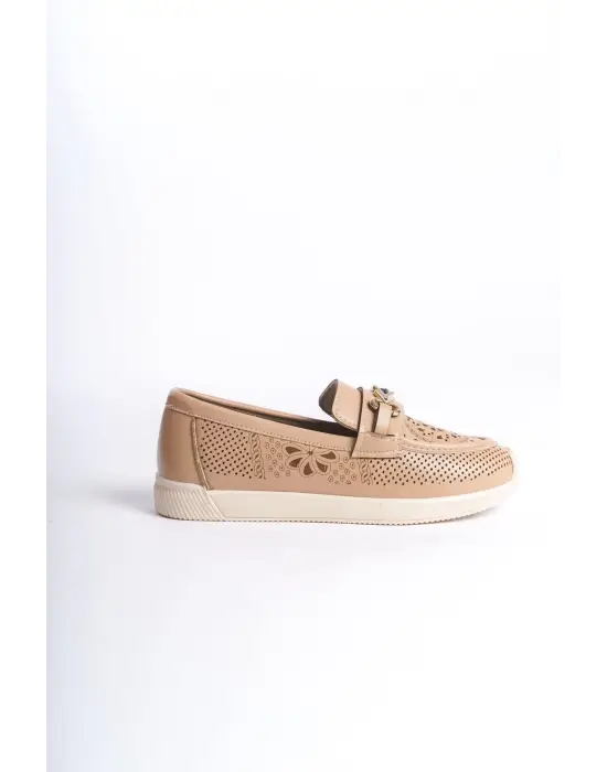 Omarı Rahat Tabanlı Çiçek Desenli Bayan Babet Ayakkabı - Ten