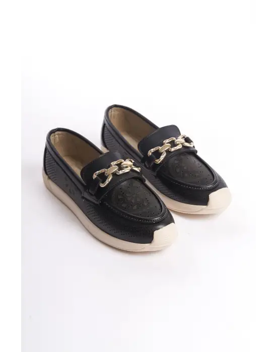 Omarı Rahat Tabaan Çiçek Desenli Siyah Bayan Babet Ayakkabı