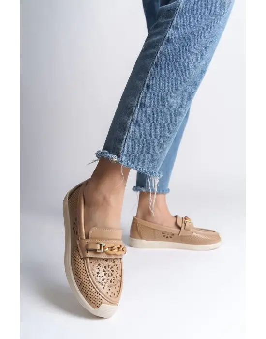 Omarı Çiçek Desenli Rahat Tabanlı Babet Ayakkabı - Ten