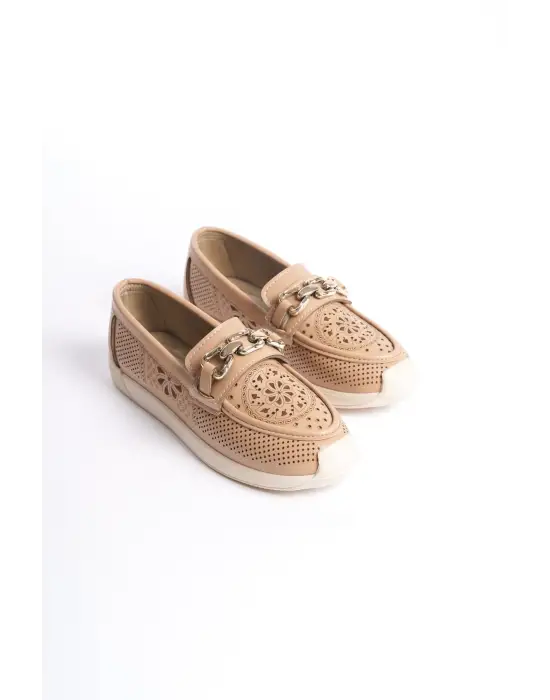 Omarı Çiçek Desenli Rahat Tabanlı Bayan Babet Ayakkabı - Ten