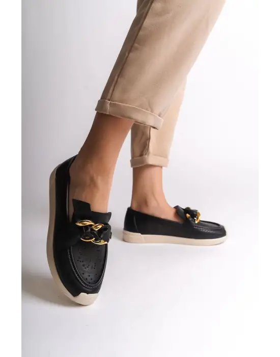 Omarı Çiçek Desenli Rahat Tabaan Siyah Babet Ayakkabı